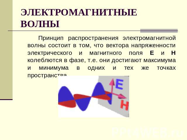 ЭЛЕКТРОМАГНИТНЫЕ ВОЛНЫ Принцип распространения электромагнитной волны состоит в том, что вектора напряженности электрического и магнитного поля E и H колеблются в фазе, т.е. они достигают максимума и минимума в одних и тех же точках пространства.