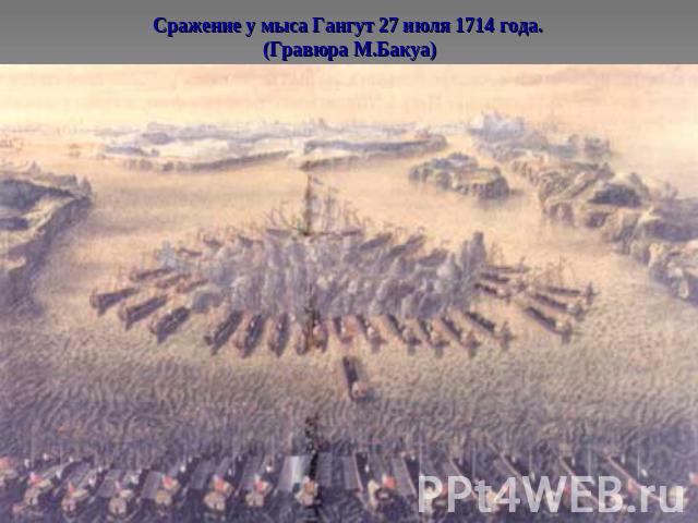 Сражение у мыса Гангут 27 июля 1714 года. (Гравюра М.Бакуа)