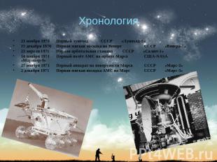 Хронология 23 ноября 1970Первый луноход СССР«Луноход-1»15 декабря 1970Первая мяг