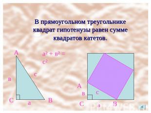 В прямоугольном треугольнике квадрат гипотенузы равен сумме квадратов катетов.а²