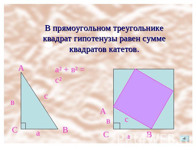В прямоугольном треугольнике квадрат гипотенузы равен сумме квадратов катетов.а² + в² = с²