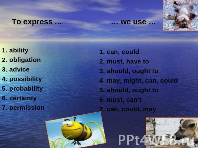 To express … … we use … 1. ability2. obligation3. advice4. possibility5. probability6. certainty7. permission1. can, could2. must, have to3. should, ought to4. may, might, can, could5. should, ought to6. must, can’t7. can, could, may