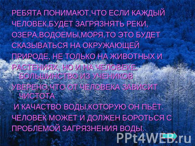 РЕБЯТА ПОНИМАЮТ,ЧТО ЕСЛИ КАЖДЫЙ ЧЕЛОВЕК,БУДЕТ ЗАГРЯЗНЯТЬ РЕКИ, ОЗЕРА,ВОДОЕМЫ,МОРЯ,ТО ЭТО БУДЕТ СКАЗЫВАТЬСЯ НА ОКРУЖАЮЩЕЙ ПРИРОДЕ, НЕ ТОЛЬКО НА ЖИВОТНЫХ И РАСТЕНИЯХ, НО И НА ЧЕЛОВЕКЕ. БОЛЬШИНСТВО ИЗ УЧЕНИКОВ УВЕРЕНО,ЧТО ОТ ЧЕЛОВЕКА ЗАВИСИТ ЧИСТОТА И …