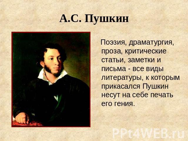 А.С. Пушкин Поэзия, драматургия, проза, критические статьи, заметки и письма - все виды литературы, к которым прикасался Пушкин несут на себе печать его гения.