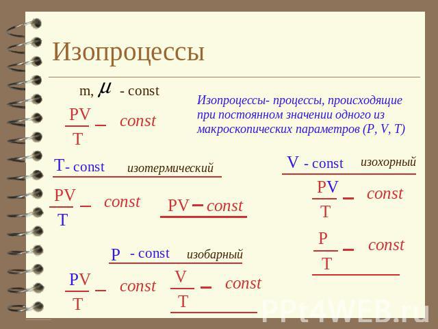 Изопроцессы Изопроцессы- процессы, происходящиепри постоянном значении одного измакроскопических параметров (P, V, T)