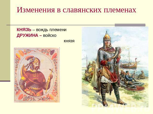Изменения в славянских племенах КНЯЗЬ – вождь племениДРУЖИНА – войско князя
