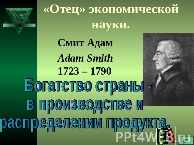 «Отец» экономической науки.Смит АдамAdam Smith1723 – 1790 Богатство страны - в производстве и распределении продукта.