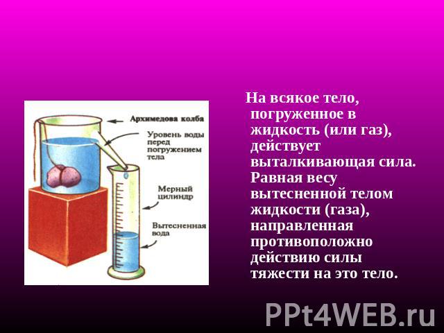 Погрузить в жидкость. На всякое тело погруженное в жидкость или ГАЗ действует. Вес жидкости, вытесненной телом. Тело погружённое в жидкость не полностью. Аытеснение жидкомти Телос.