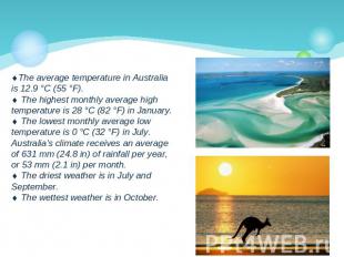 The average temperature in Australia is 12.9 °C (55 °F). The highest monthly ave