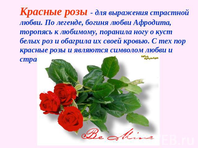 Красные розы - для выражения страстной любви. По легенде, богиня любви Афродита, торопясь к любимому, поранила ногу о куст белых роз и обагрила их своей кровью. С тех пор красные розы и являются символом любви и страсти.