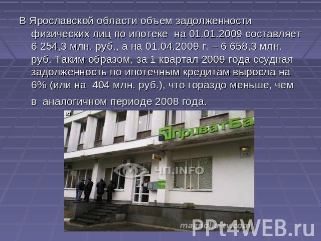 В Ярославской области объем задолженности физических лиц по ипотеке на 01.01.2009 составляет 6 254,3 млн. руб., а на 01.04.2009 г. – 6 658,3 млн. руб. Таким образом, за 1 квартал 2009 года ссудная задолженность по ипотечным кредитам выросла на 6% (и…