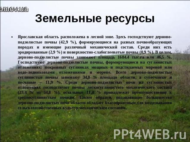 Земельные ресурсы Ярославская область расположена в лесной зоне. Здесь господствуют дерново-подзолистые почвы (42,9 %), формирующиеся на разных почвообразующих породах и имеющие различный механический состав. Среди них есть эродированные (2,9 %) и п…