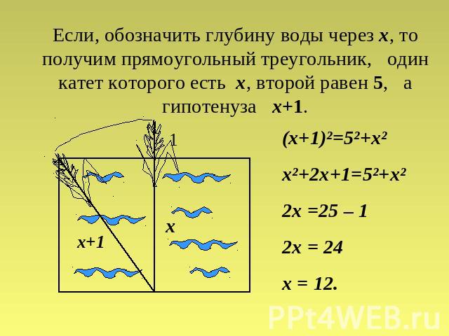 Если, обозначить глубину воды через х, то получим прямоугольный треугольник, один катет которого есть х, второй равен 5, а гипотенуза х+1. (x+1)²=5²+x²x²+2х+1=5²+x²2х =25 – 12х = 24х = 12.