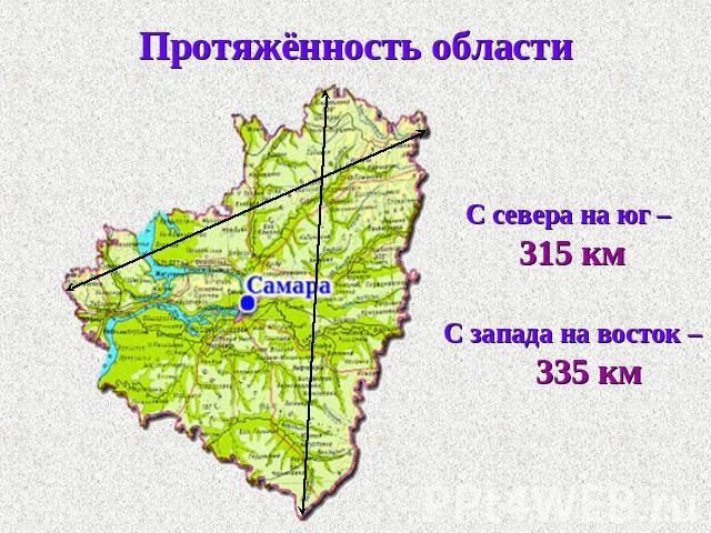 Протяжённость области С севера на юг – 315 кмС запада на восток – 335 км