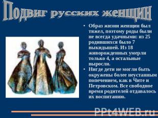 Подвиг русских женщин Образ жизни женщин был тяжел, поэтому роды были не всегда