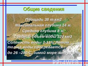 Общие сведения Площадь 38 т.км2 Максимальная глубина 14 м. Средняя глубина 8 м.