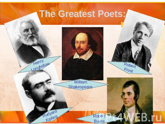 The Greatest Poets: Henry LongfellowWilliam ShakespeareRobert FrostRudyard KiplingRobert Burns