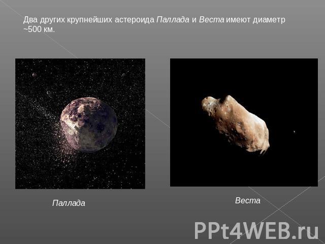 Два других крупнейших астероида Паллада и Веста имеют диаметр ~500 км. Паллада Веста