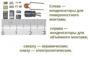 Слева — конденсаторы для поверхностного монтажа; справа — конденсаторы для объём