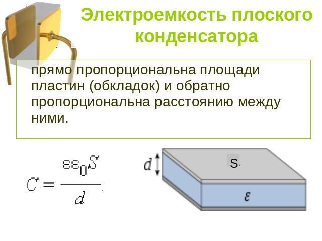 Электроемкость плоского конденсатора прямо пропорциональна площади пластин (обкладок) и обратно пропорциональна расстоянию между ними.
