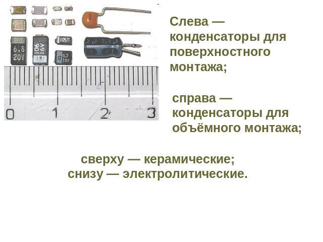 Слева — конденсаторы для поверхностного монтажа; справа — конденсаторы для объёмного монтажа; сверху — керамические; снизу — электролитические.