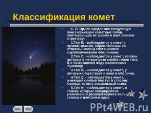 Классификация комет С. В. Орлов предложил следующую классификацию кометных голов