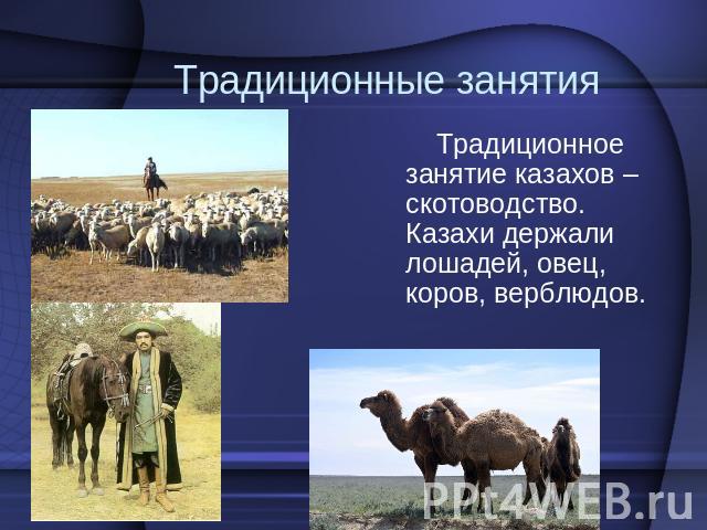 Традиционные занятия Традиционное занятие казахов – скотоводство. Казахи держали лошадей, овец, коров, верблюдов.