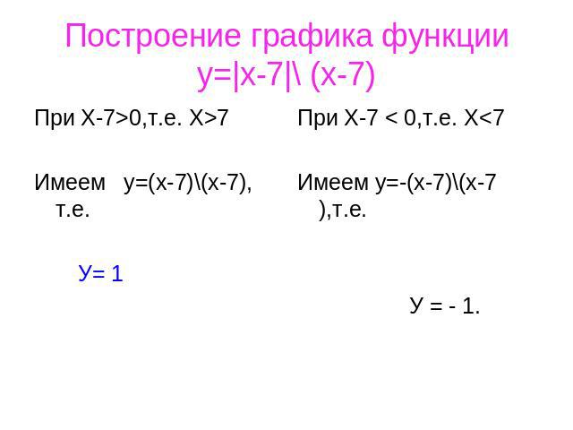 Построение графика функцииy=|x-7|\ (x-7) При Х-7>0,т.е. X>7 Имеем у=(х-7)\(х-7), т.е. У= 1При Х-7 < 0,т.е. Х