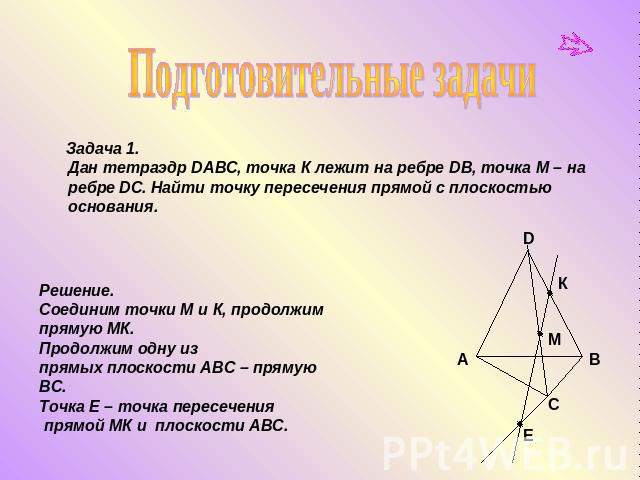 Подготовительные задачи Задача 1. Дан тетраэдр DABC, точка К лежит на ребре DB, точка М – на ребре DC. Найти точку пересечения прямой с плоскостью основания. Решение.Соединим точки М и К, продолжимпрямую МК. Продолжим одну из прямых плоскости АВС – …