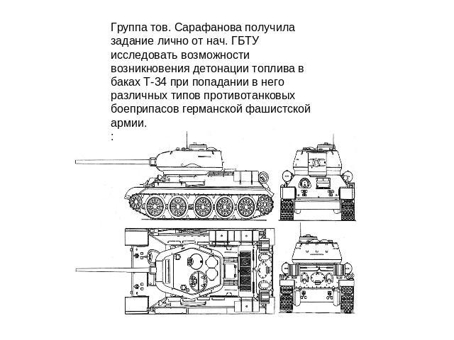 Группа тов. Сарафанова получила задание лично от нач. ГБТУ исследовать возможности возникновения детонации топлива в баках Т-34 при попадании в него различных типов противотанковых боеприпасов германской фашистской армии. :