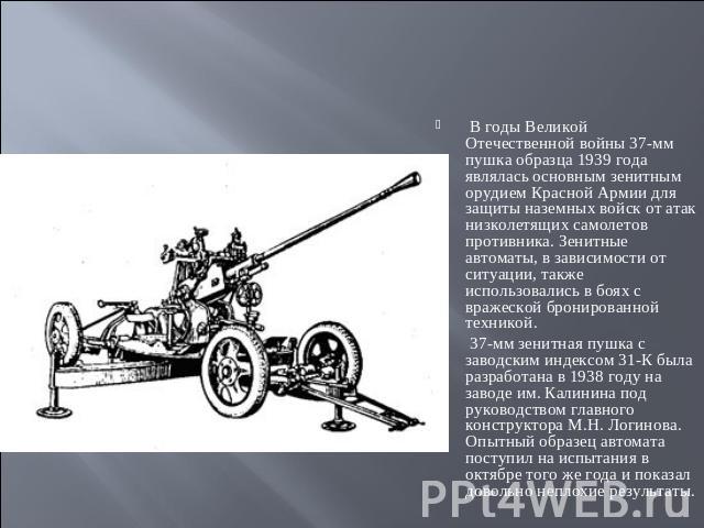  В годы Великой Отечественной войны 37-мм пушка образца 1939 года являлась основным зенитным орудием Красной Армии для защиты наземных войск от атак низколетящих самолетов противника. Зенитные автоматы, в зависимости от ситуации, также использовалис…
