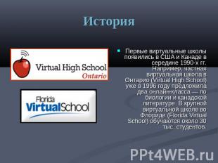 История Первые виртуальные школы появились в США и Канаде в середине 1990-х гг.