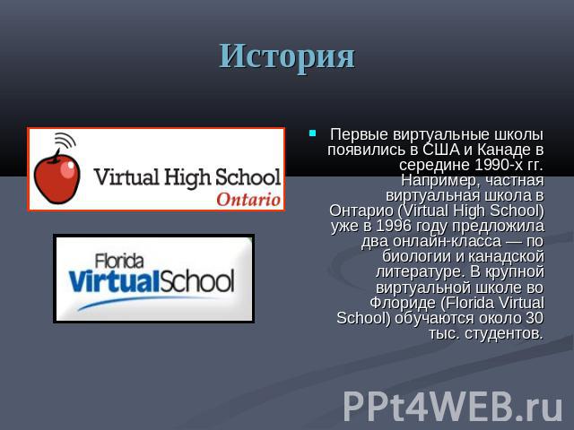 История Первые виртуальные школы появились в США и Канаде в середине 1990-х гг. Например, частная виртуальная школа в Онтарио (Virtual High School) уже в 1996 году предложила два онлайн-класса — по биологии и канадской литературе. В крупной виртуаль…