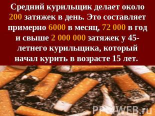 Средний курильщик делает около 200 затяжек в день. Это составляет примерно 6000