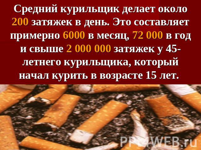 Средний курильщик делает около 200 затяжек в день. Это составляет примерно 6000 в месяц, 72 000 в год и свыше 2 000 000 затяжек у 45-летнего курильщика, который начал курить в возрасте 15 лет.