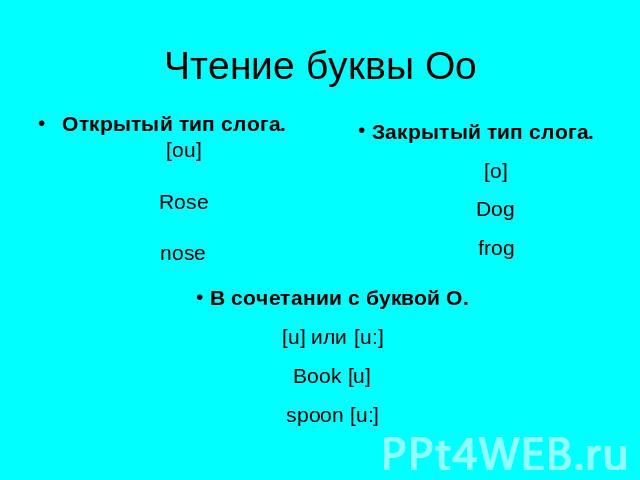 Чтение буквы Oo Открытый тип слога.[ou]Rosenose Закрытый тип слога.[o]Dogfrog В сочетании с буквой O.[u] или [u:]Book [u]spoon [u:]
