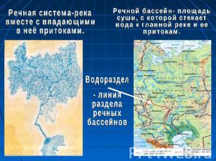 Речная система-рекавместе с впадающими в неё притоками.Речной бассейн- площадьсу