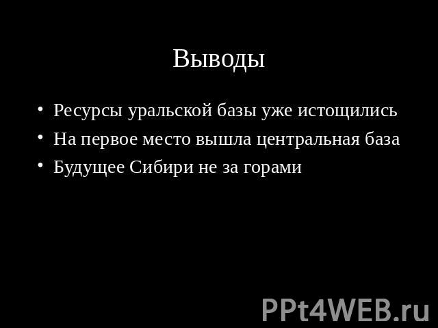 Выводы Ресурсы уральской базы уже истощилисьНа первое место вышла центральная базаБудущее Сибири не за горами