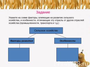 Задание Укажите на схеме факторы, влияющие на развитие сельского хозяйства, и ос