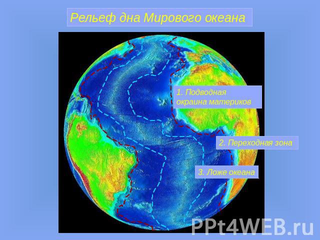 Рельеф дна Мирового океана 1. Подводная окраина материков2. Переходная зона 3. Ложе океана