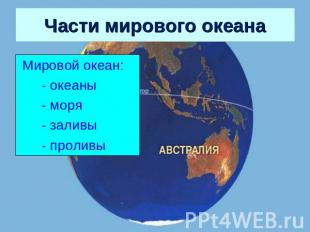 Части мирового океана Мировой океан: - океаны - моря - заливы - проливы