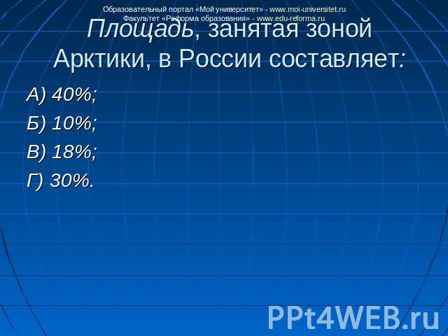 Площадь, занятая зоной Арктики, в России составляет: А) 40%;Б) 10%;В) 18%;Г) 30%.