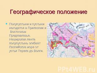 Географическое положение Полупустыни и пустыни находятся в Прикаспии и Восточном
