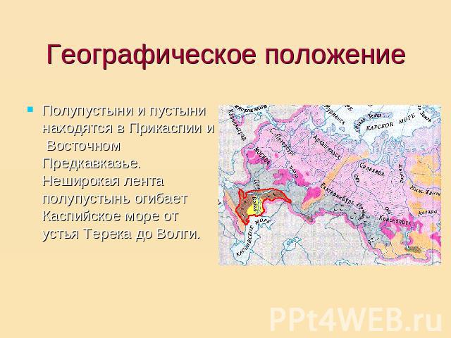 Географическое положение Полупустыни и пустыни находятся в Прикаспии и Восточном Предкавказье. Неширокая лента полупустынь огибает Каспийское море от устья Терека до Волги.