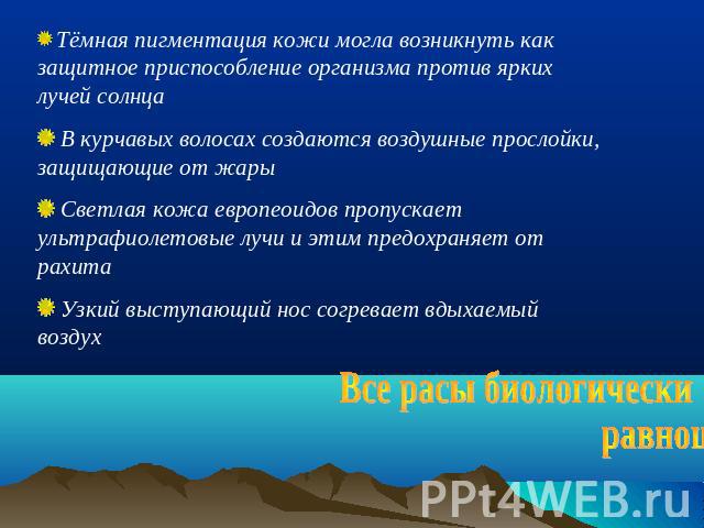 Тёмная пигментация кожи могла возникнуть как защитное приспособление организма против ярких лучей солнца В курчавых волосах создаются воздушные прослойки, защищающие от жары Светлая кожа европеоидов пропускает ультрафиолетовые лучи и этим предохраня…