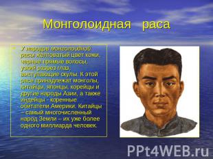 Монголоидная раса У народов монголоидной расы желтоватый цвет кожи, черные прямы