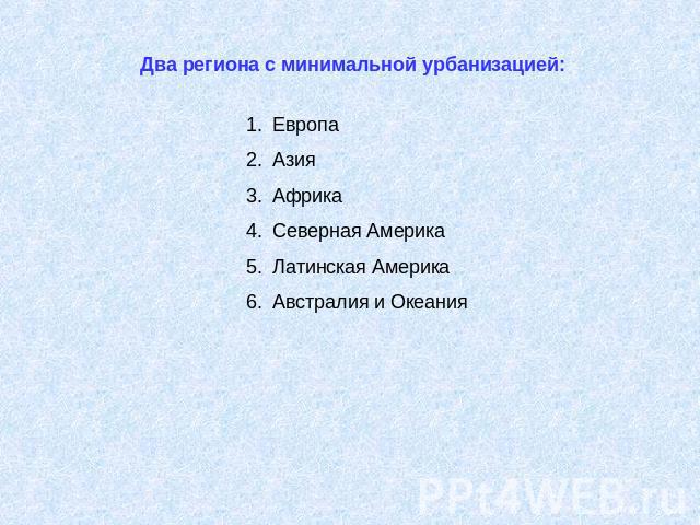 Два региона с минимальной урбанизацией: ЕвропаАзияАфрикаСеверная АмерикаЛатинская АмерикаАвстралия и Океания