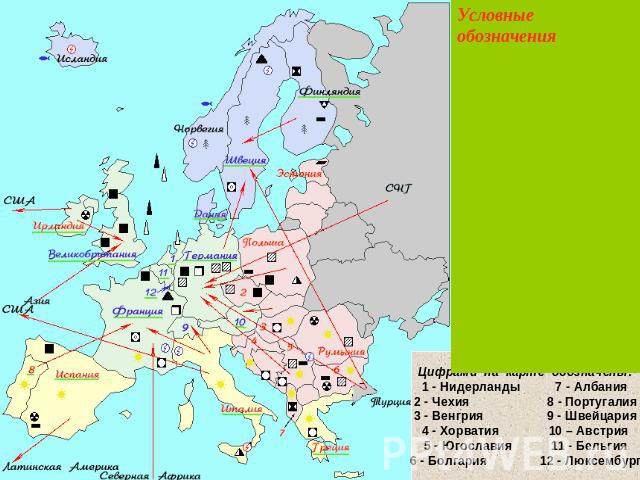 Условные обозначения Цифрами  на  карте  обозначены:1 - Нидерланды          7 - Албания2 - Чехия                      8 - Португалия3 - Венгрия                  9 - Швейцария4 - Хорватия              10 – Австрия5 - Югославия           11 - Бельгия6…