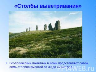 «Столбы выветривания» Геологический памятник в Коми представляет собой семь стол