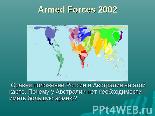 Armed Forces 2002 Сравни положение России и Австралии на этой карте. Почему у Австралии нет необходимости иметь большую армию?
